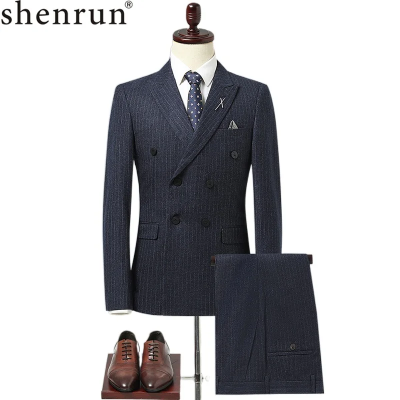 

Shenrun Men Suits Double Breasted Stripe 3 Pieces Business Work Party Prom Wedding Banquet Suit Slim Daily Life Blue Black Gray