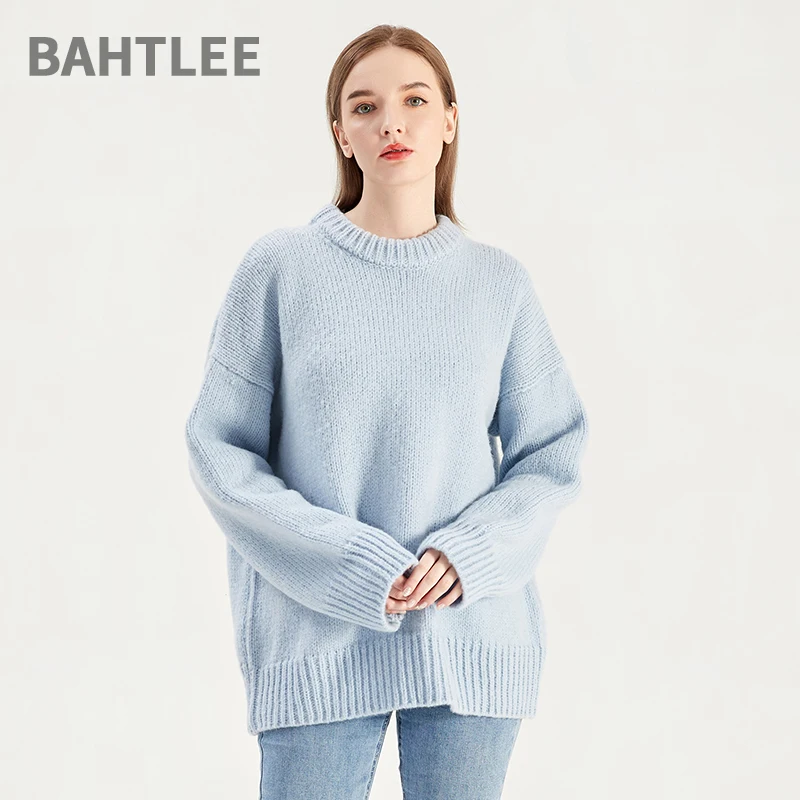 BAHTLEE-Women\'s Mohair Wool Knitted Pullovers, Long Sleeves, Loose Sweater, Coarse Yam, O-Neck, Thick, Keep Warm, Winter, Autumn