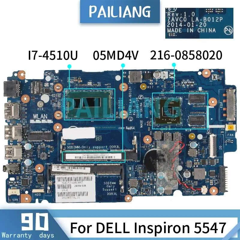 PAILIANG Laptop motherboard For DELL Inspiron 5547 I7-4510U Mainboard CN-05MD4V LA-B012P SR1EB 216-0858020 DDR3 tesed