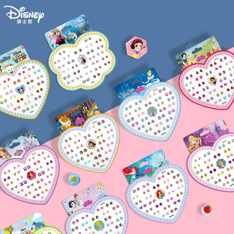 Disney-pegatinas de pendientes de cristal brillante para niños, Frozen, sirena, Rapunzel, princesa de Disney, pegatinas de pendientes de dibujos animados, juguetes para niños, regalo