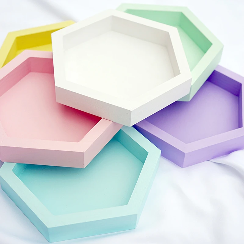 Wood tray handmade hexagon cake tools for party decoration perfume makeup Geometric  storage plate sweet table