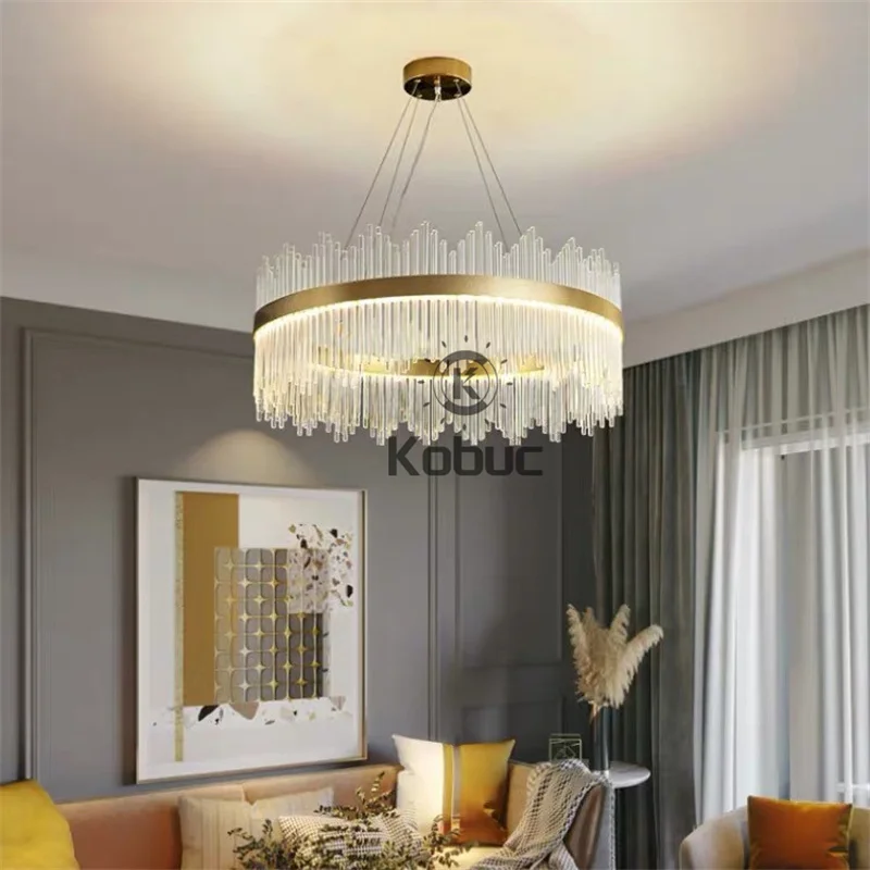 Kobuc Golden Crystal Modern Tricolor Dimming LED Hanging Lamp Round Oval Chandelier Suspension Luminaire Lampen For Dinning Room