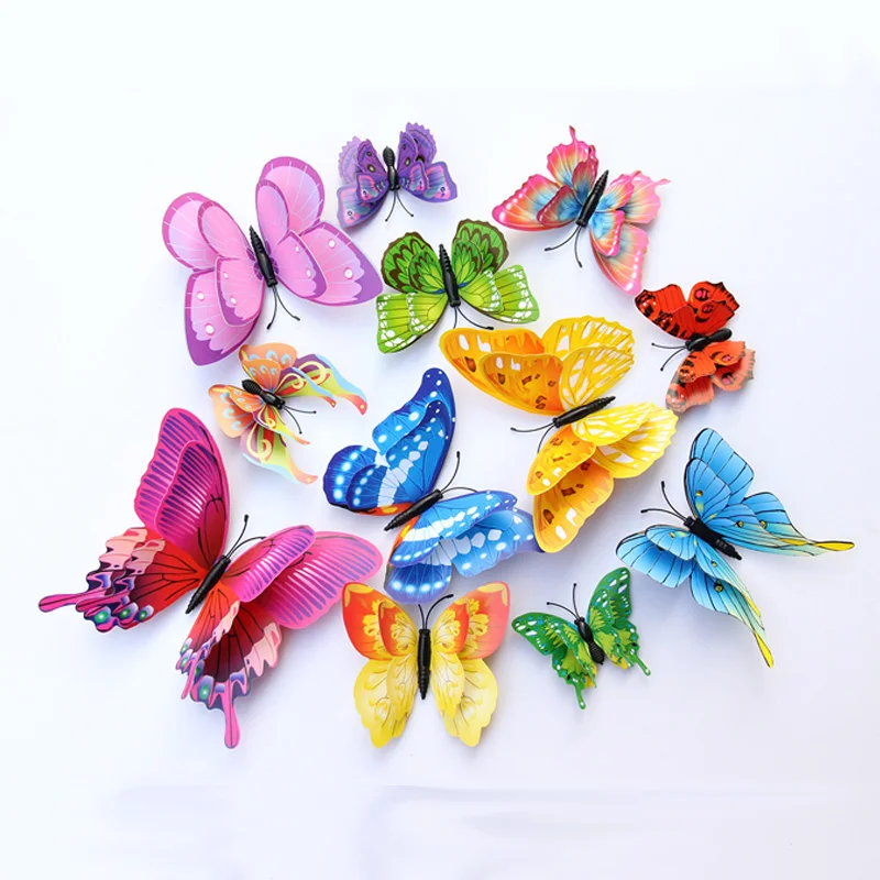 12Pcs Mixed color Double layer Butterfly 3D Wall Sticker for wedding decoration Magnet Butterflies Fridge stickers toy M0067