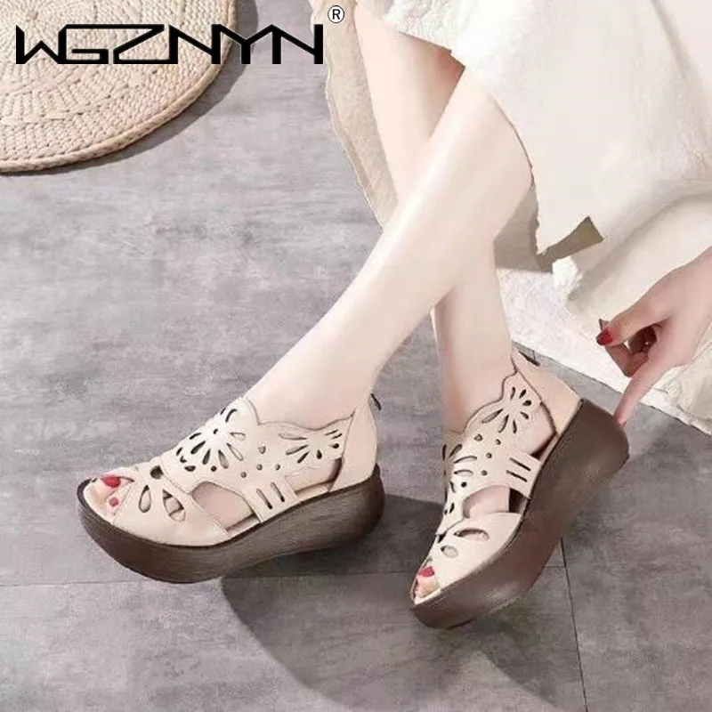 Summer Sandals Women 2023 New Genuine PU Leather Ladies Sandals Platform Women\'s Shoes Casual Retro Open Toe Shoes Sandals Women