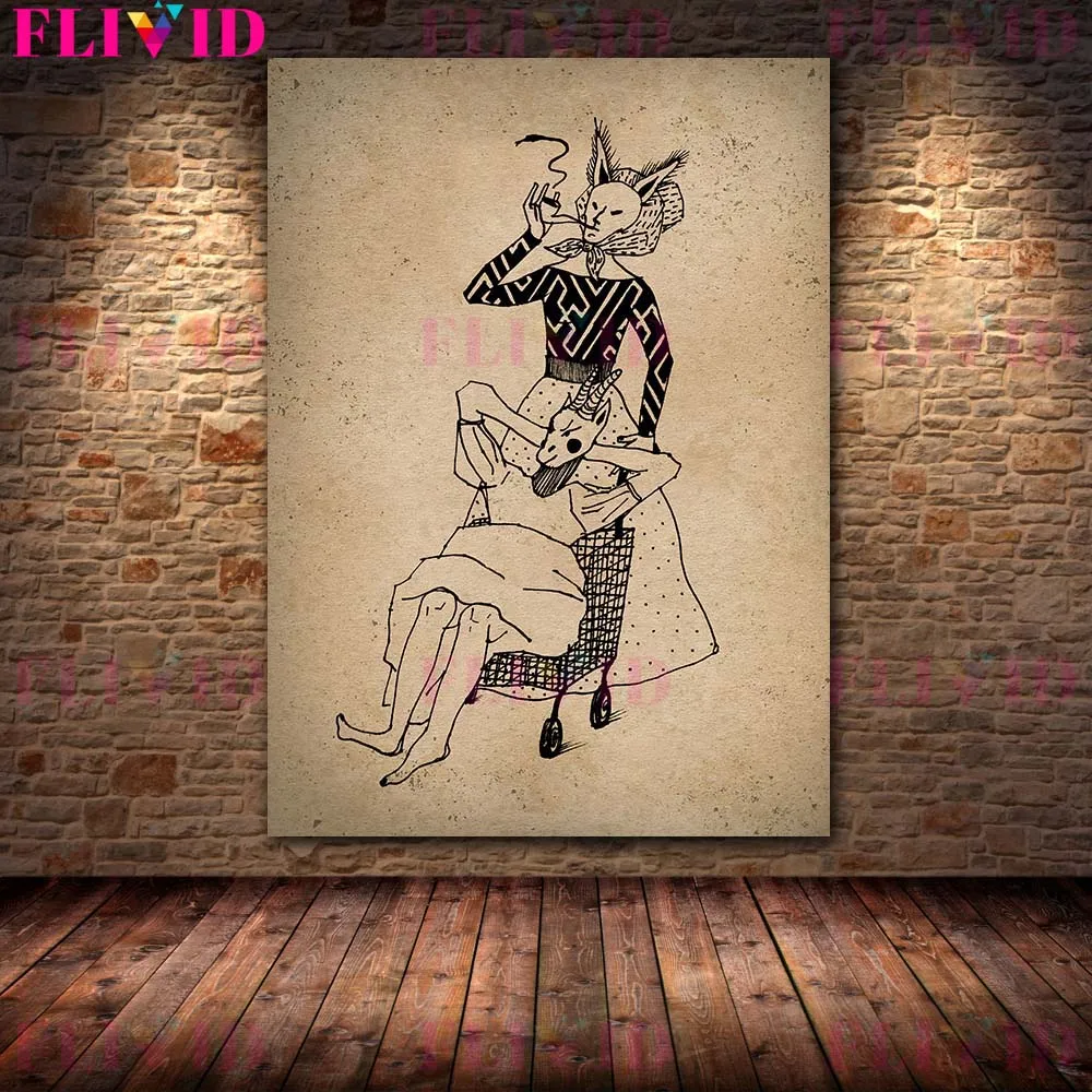 ساحرة القمر الفن طباعة بابا ياجا و ميدوسا خمر الرسم على لوحات القماش الجدارية ديكور المنزل المشارك والمطبوعات غير المؤطرة