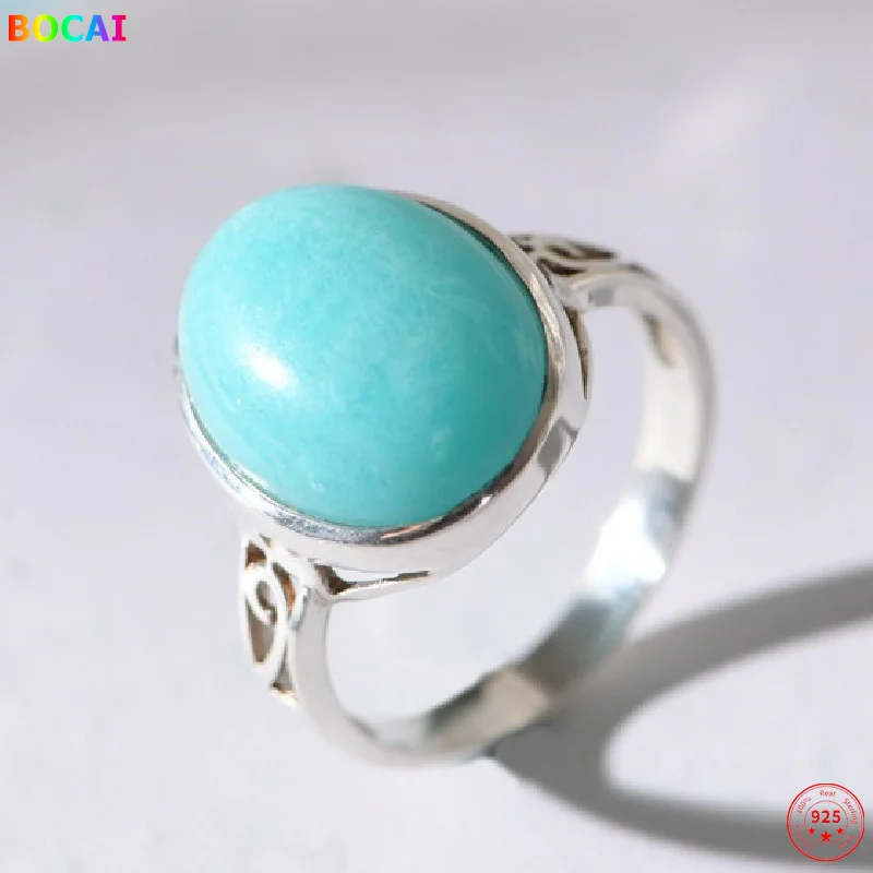 

S925 Sterling Silver Charm Rings 2021 Popular Hollow Retro Old Pattern Amazonite Jewelry Pure Argentum Hand Ornaments for Women