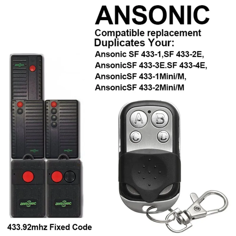 1pcs Ansonic SF 1Mini/M 2Mini/M Ansonic SF 433-1 SF 433-2E replacement gate door remote control transmitter fixed code 433.92mhz