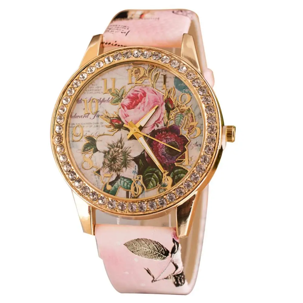 2021 New Retro Vintage Elegant Women Rhinestone Inlaid Flower Round Dial Faux Leather Band Quartz Wrist Watch for Dating Gift