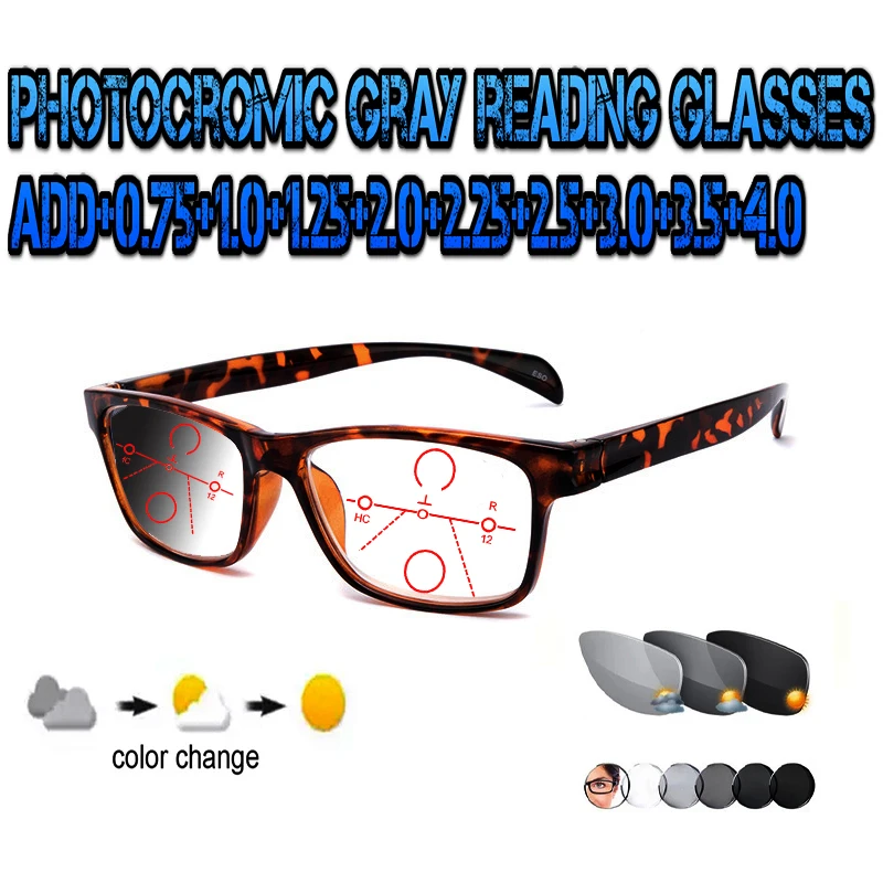 Photochromic Gray Progressive Multifocal Reading Glasses Men Women Ultralight Black Metal Frame Large Size +0.75 To+4.0