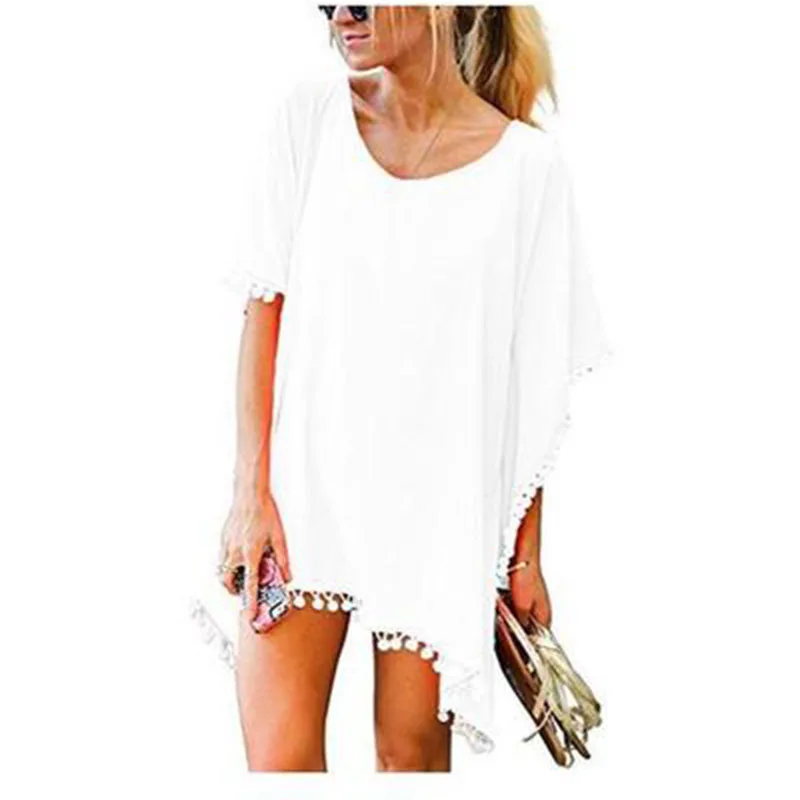 Bikini Cover Up Beach Dress Women Hand Hook Flower Cover Ups Blouse Skirt Irregular Fringed Sunscreen Loose Beach Dresses Female