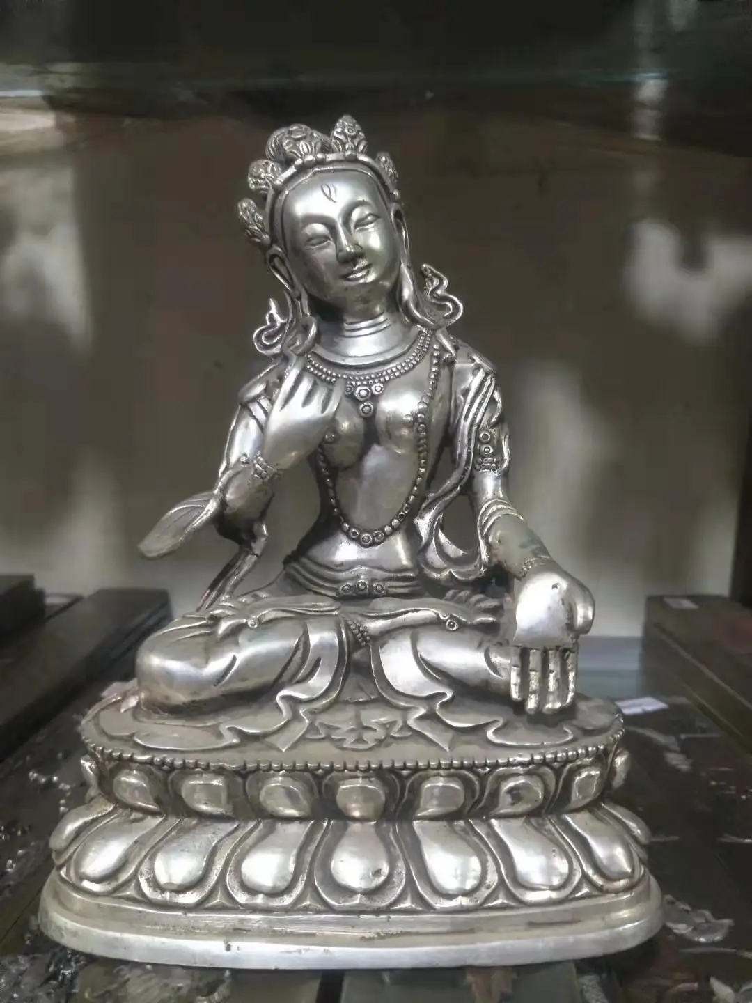 rare old  silver statue,Lotus Throne Blue Tara statue