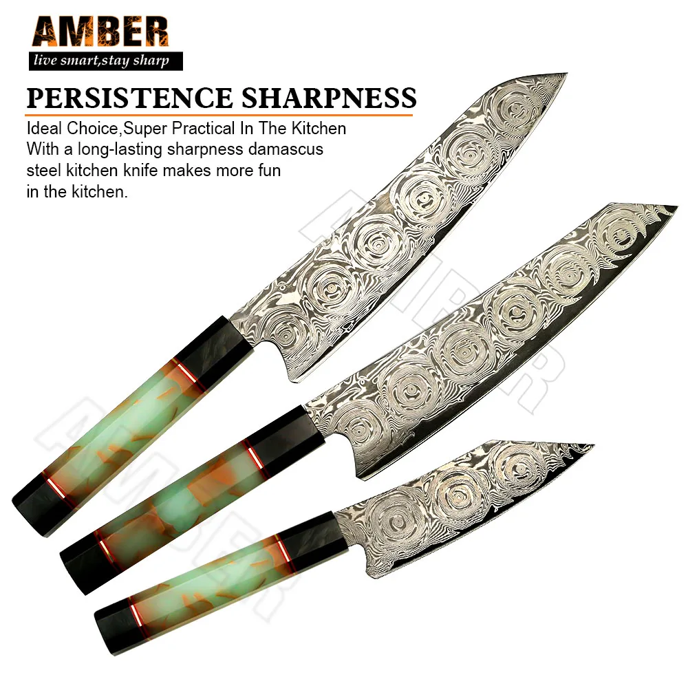 AMBER 8Inch VG10  67 Layers Damascus Steel Chef Kiritsuke Cooking Tools Ultra Sharp Fluorescent Resin Brass Wire Mesh Inside