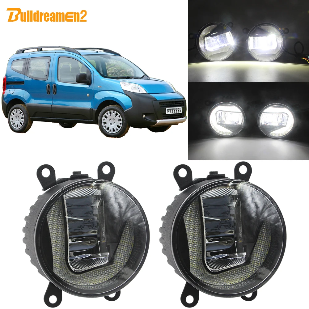 Buildreamen2 For Peugeot Bipper Tepee 2008-2018 Car 90mm LED Projector Fog Light + Daytime Running Light DRL White H11 12V