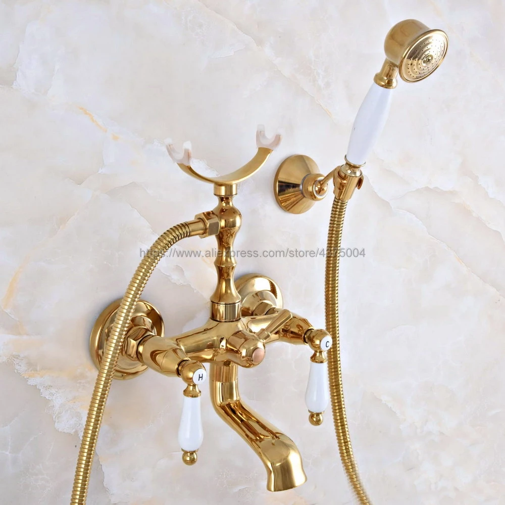 

Gold Color Brass Dual Handles Brass Bathtub Faucet Set Wall Mount with Handshower Bath Shower Mixer Taps Nna903