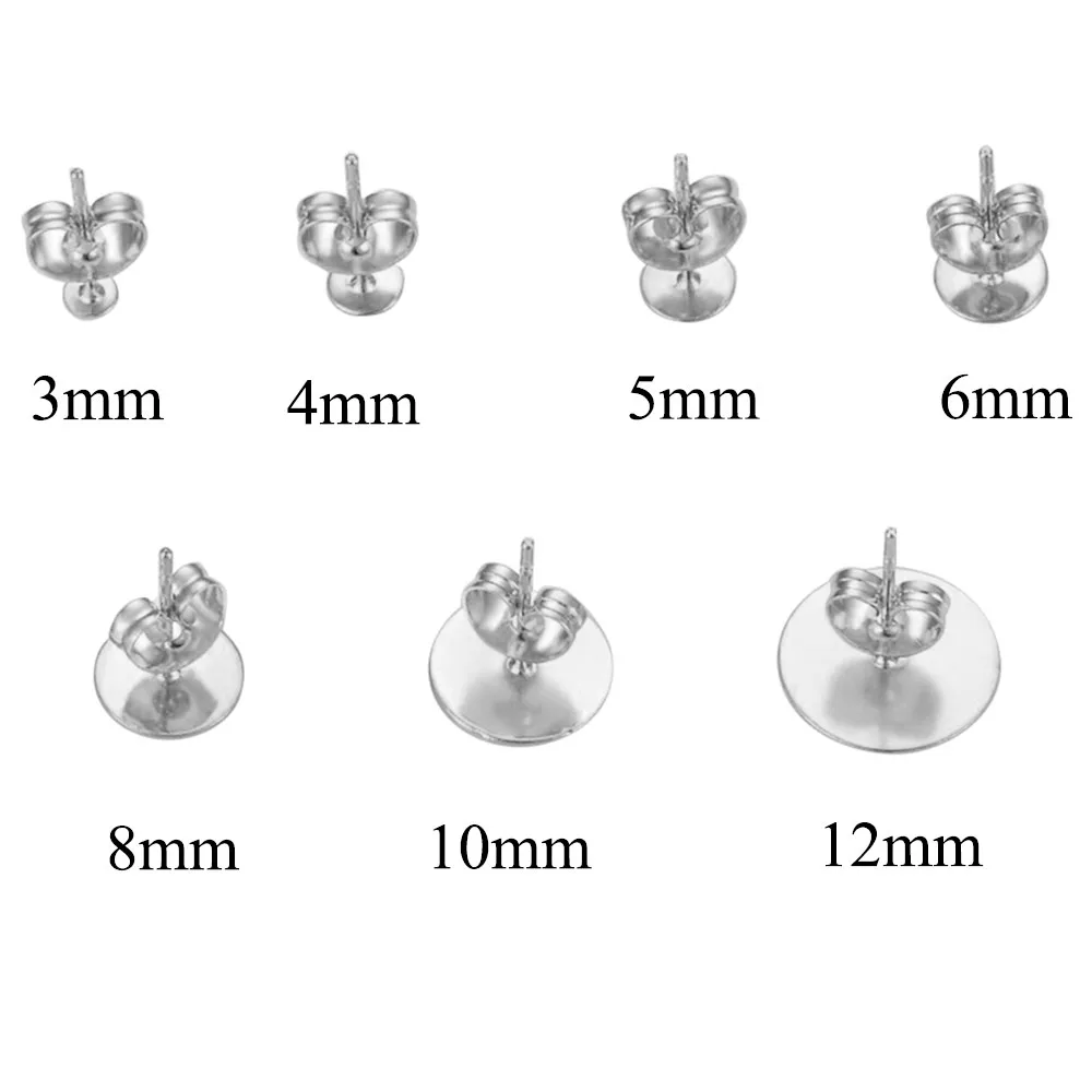 50pcs Stainless Steel 3 4 5 6 8 10 12mm Stud Pin Earring Base Earring Settings DIY For Jewelry Making