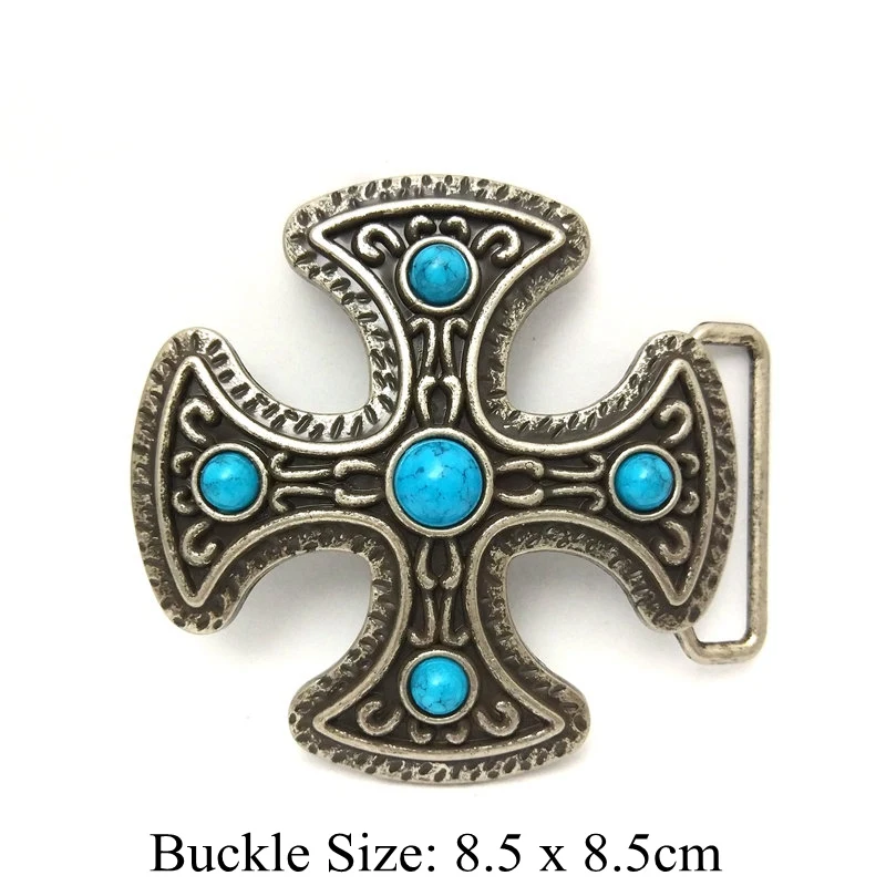 Casual Black PU Leather Western Cowboy Belt for Man Boy with Vintage Turquoise Cross Metal Buckle Fashion Male Accessories