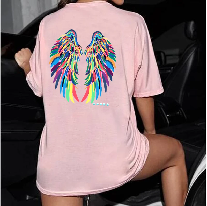 

sunfiz Fashion Angel Wings T-shirt Woman Causal Tops Novelty Half Sleeve O-neck T Shirt New Summer Loose Sexy T shirt