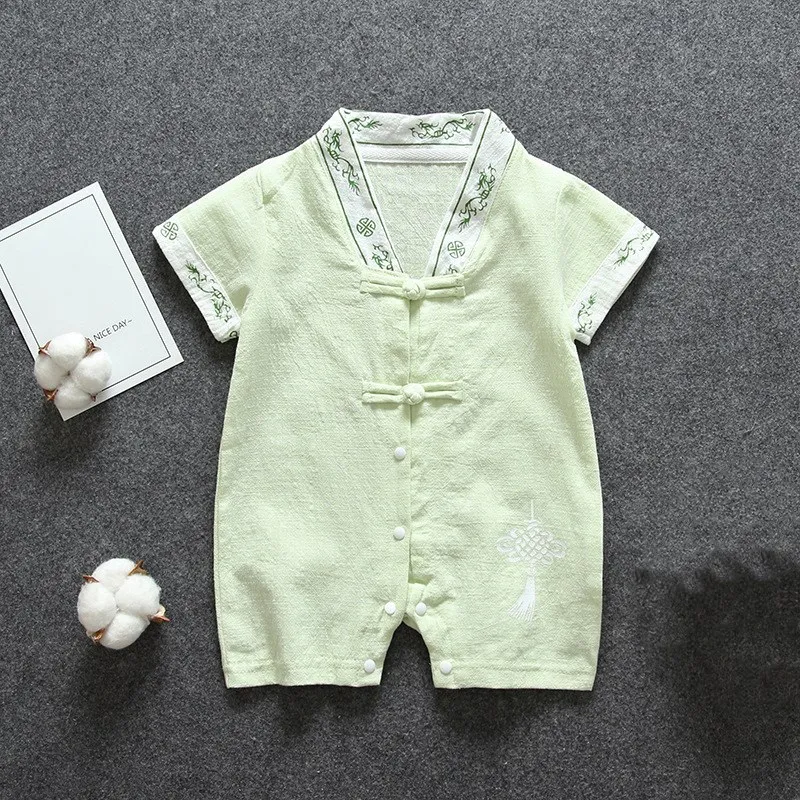 Cotton Linen Baby Boys Romper Breathable Summer Infant Jumpsuit Chinese Style Toddler Outfits One-Pieces Clothes Baby Onesies