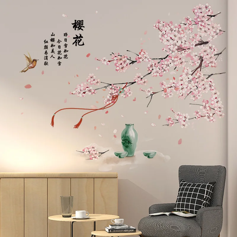 Chinese Style Cherry Blossom Wallpaper Wall Stickers Flowers Living Room Wall Decoration Sakura Bedroom Vinyl Wall Decals Mural