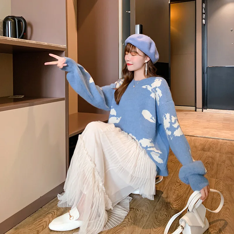 

H9548 Women Pullover Fall Winter Warm Casual Jacquard Knitted Jumper Top Female Long Sleeve Round Collar High Quality Sweater