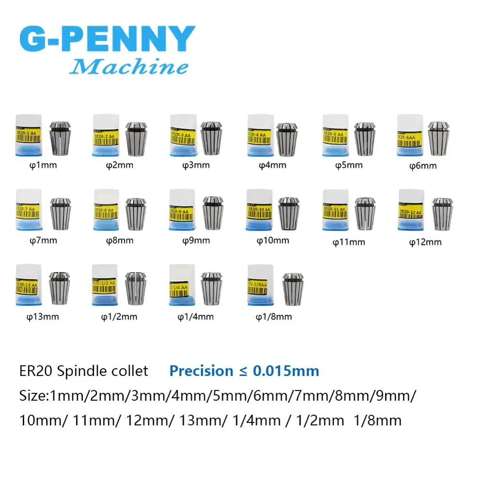 G-Penny ER20 Spring Collet Chuck 1-2-3-4-5-6-7-8-9-10-11-12-13-3.175-6.35-12.7mm 1/8 1/2 1/4 Milling Lathe Tool Spindle Motor