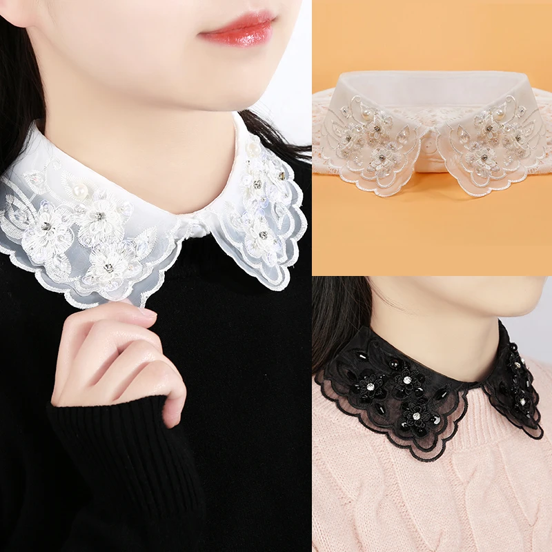 

High Quality Women Fake Collar Stand Beads Detachable Vintage Crystal Lace Ladies False Blouse Collar Half Shirt White Black