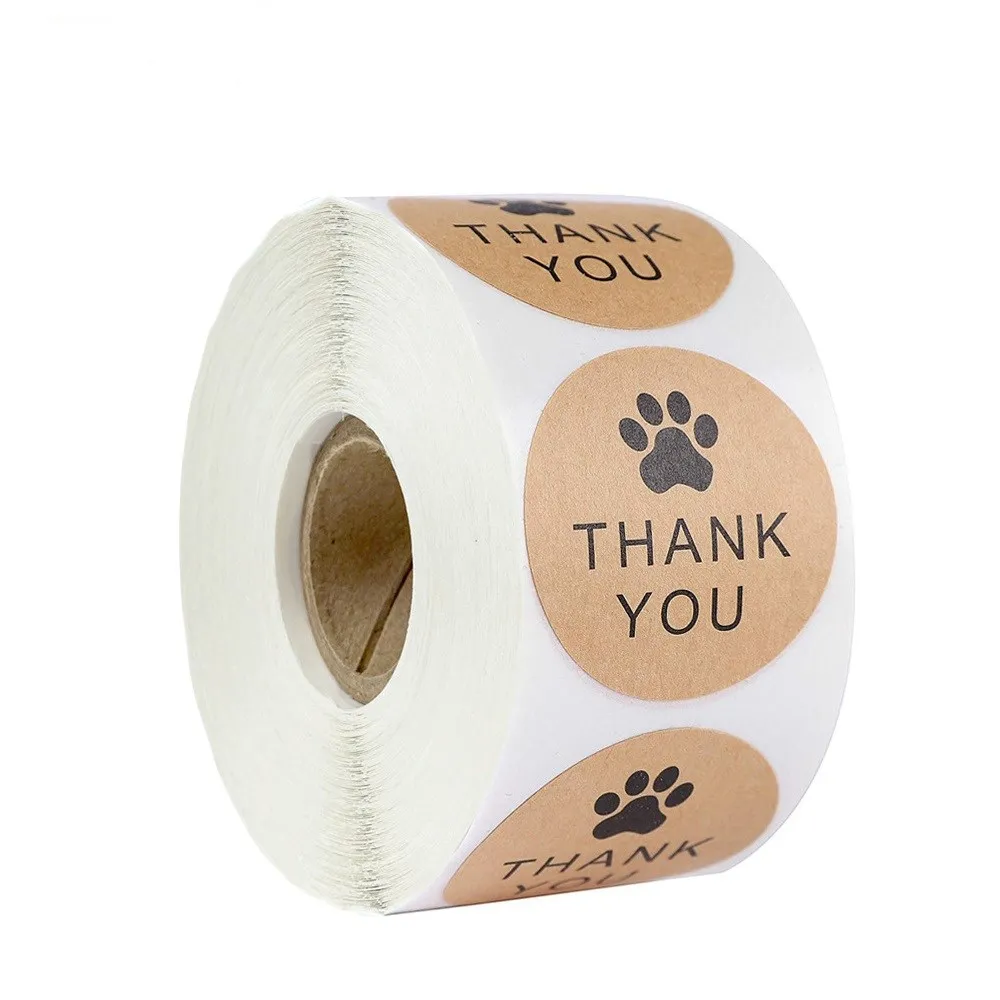 

Kraft Paper Thank You Stickers seal labes Dog Paw Print 1Inch gift Packaging stationery sticker 500 Labels Per Roll