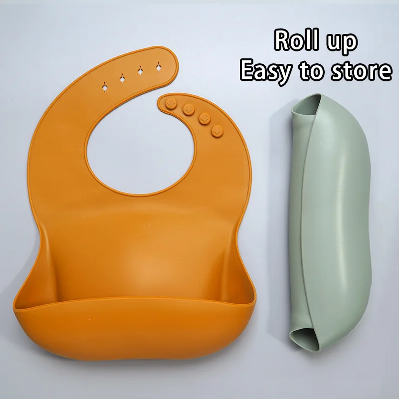 Babero de silicona sólida con cesta para alimentación de bebé, delantal para alimentación de niño, babero a la moda ajustable, con dobladillo en