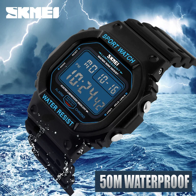 SKMEI Watch Men Square Sport Digital Watches Electronic LED Black Waterproof Wristwatch PU Strap Male Clock Relogio Masculino