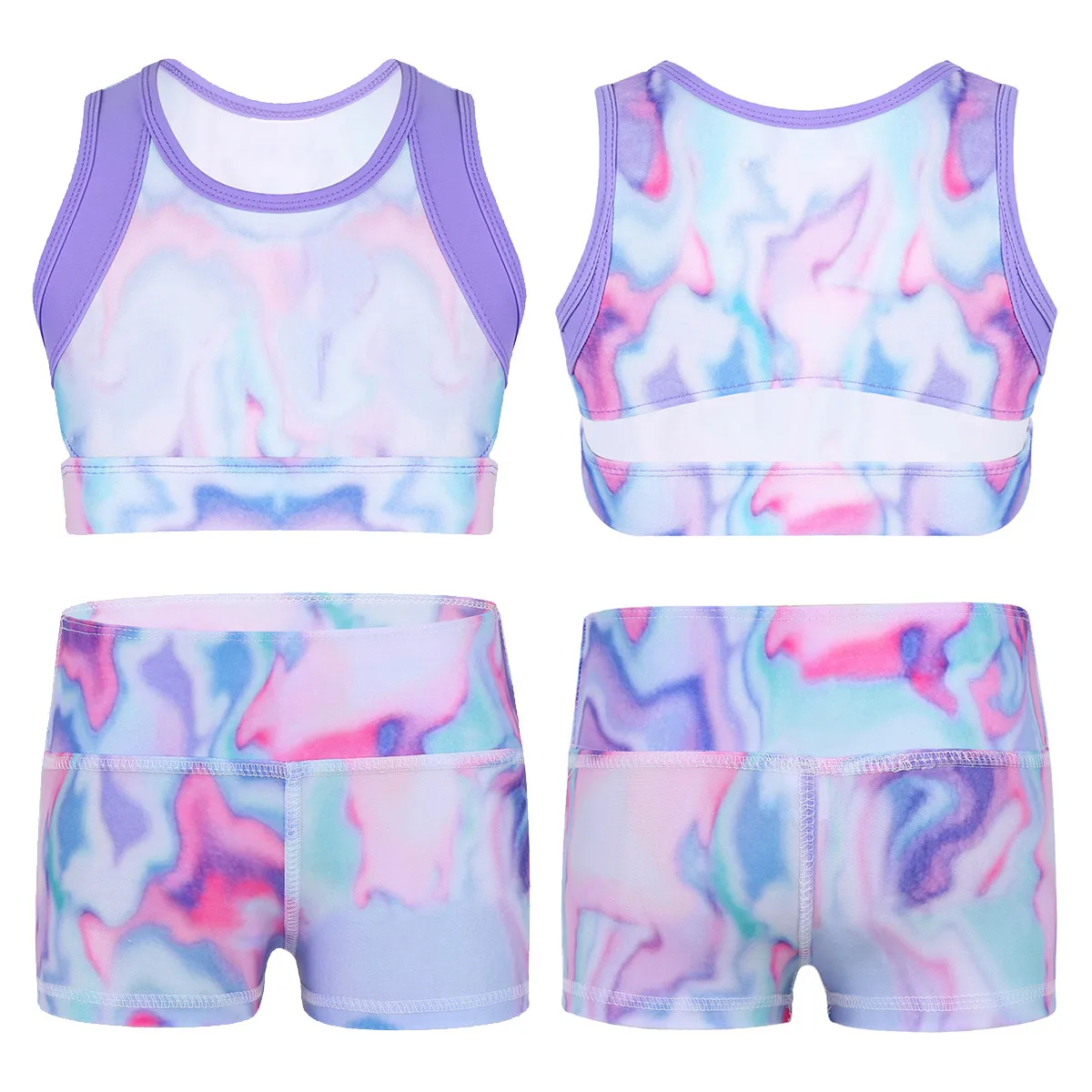 Kids Girls Colorful Stretchy Sports Dance Sets Tanks Crop Top with Boy-cut High Waist Dance Shorts Bottoms for Gymnastic Workout