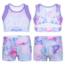 Kids Girls Colorful Stretchy Sports Dance Sets Tanks Crop Top with Boy-cut High Waist Dance Shorts Bottoms for Gymnastic Workout