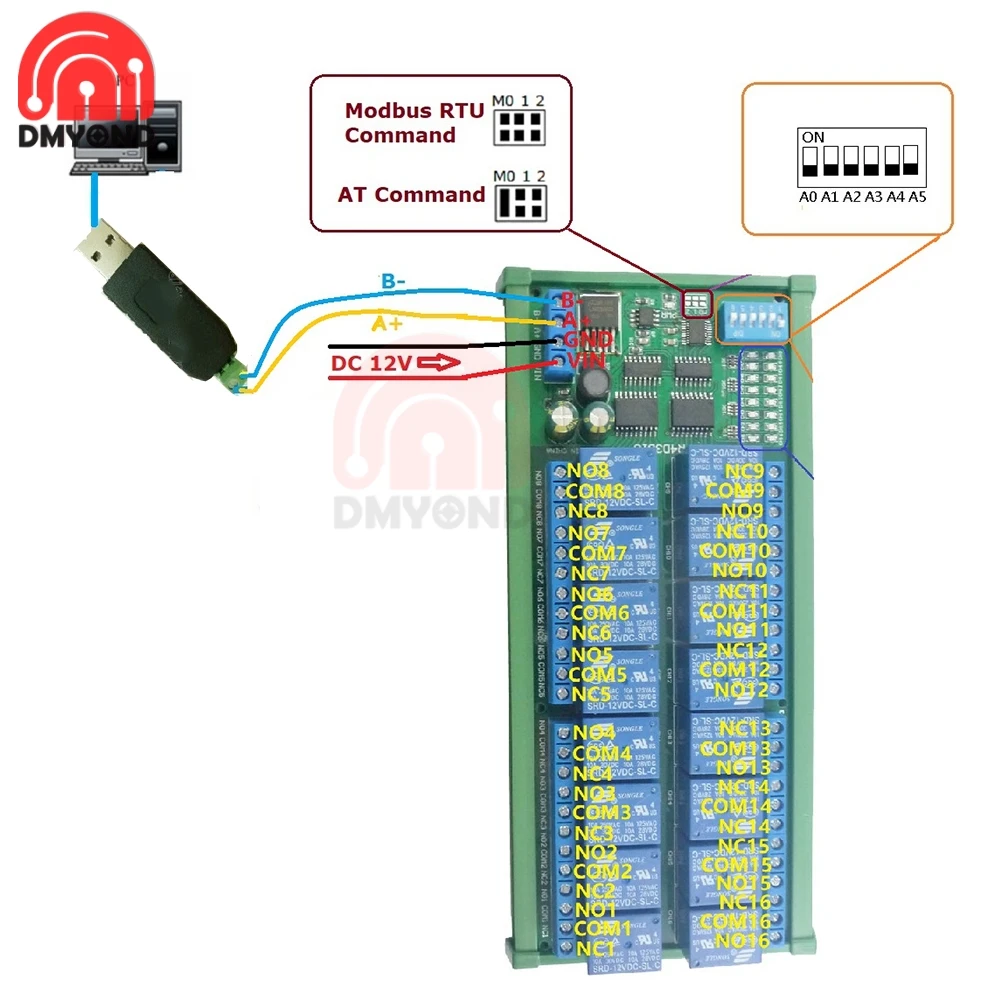 Modbus RTU 12V 10A 16 Channel DIN Rail Box PLC Expansion Board RS485 Relay Module Modbus RTU Relay Protocol Remote Smart Control