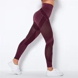 Rooftrellen 20%Spandex Hollow Mesh Leggings Women Seamless Knitted Leggings High Waist Stripe Pants Slim Push Up Fitness Leggins