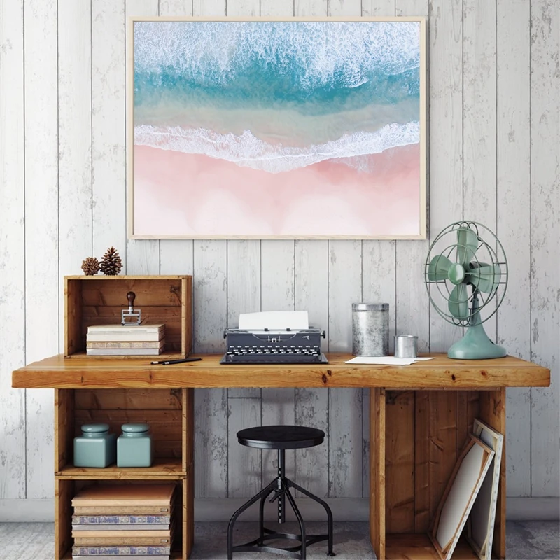 Beach Aerial Photography Print Nordic Poster Home Decor Blush Pink & Blue Ocean Wave Wall Art Picture Canvas Painting Decoration