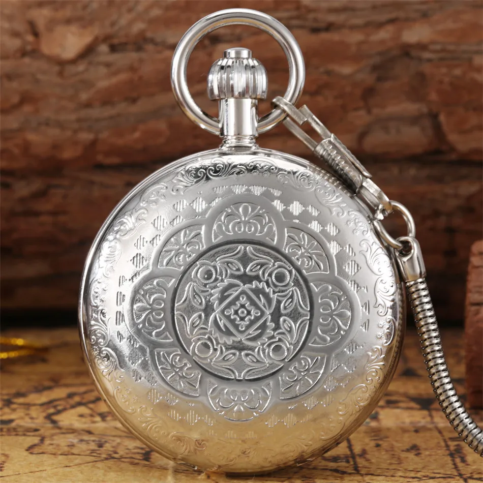 

Flowers Pattern Silver Copper Mechanical Pocket Watch Automatic Self-Wind Pendant Antique Clock Full Hunter Retro Pocket Watches