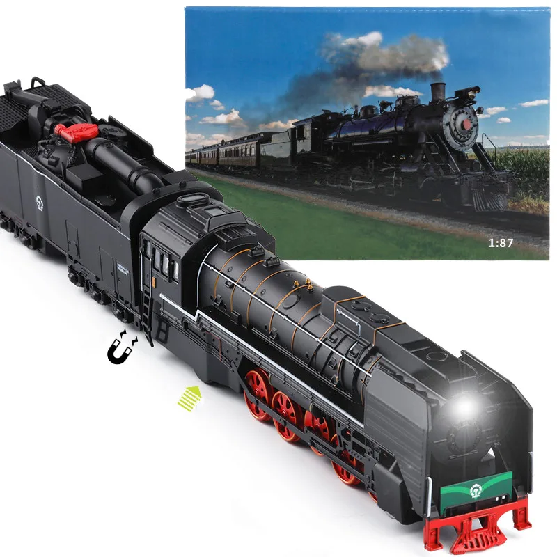 Exquisite 1:87 steam train alloy model,magnetic sound and light pull back toys,children\'s educational gifts,free shipping