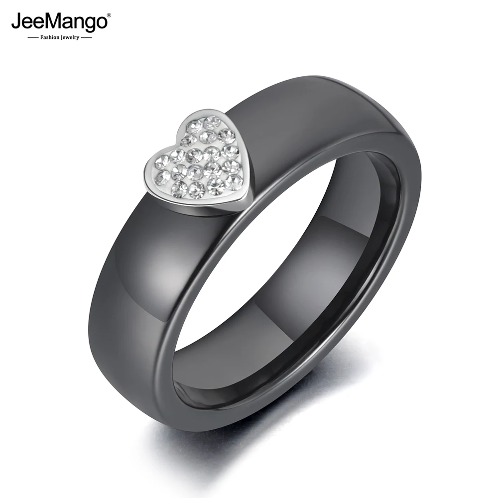 JeeMango Trendy Black Ceramic Heart Crystal Wedding Ring Jewelry For Women Stainless Steel Rhinestone Bohemia Party Ring JR19114