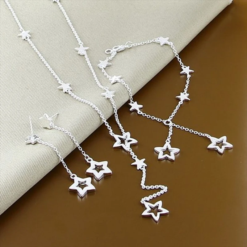 New Style 925 Sterling Silver Set Star Earrings Bracelet Necklace Set For Women Engagement Party Wedding Fashion Charm Jewelry