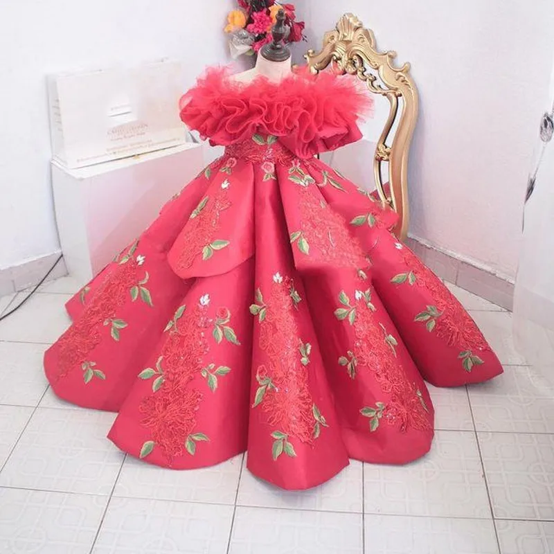 Abiti da spettacolo per ragazze di anguria con spalle scoperte Appliques di pizzo Flower Girls Dress abito da compleanno per servizio fotografico