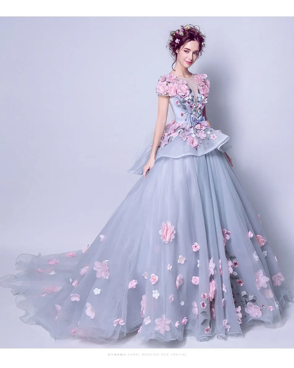 Vestido de quinceañera de manga corta, traje de baile de cola larga, apliques de flores azules y grises de ensueño, novedad de 2023