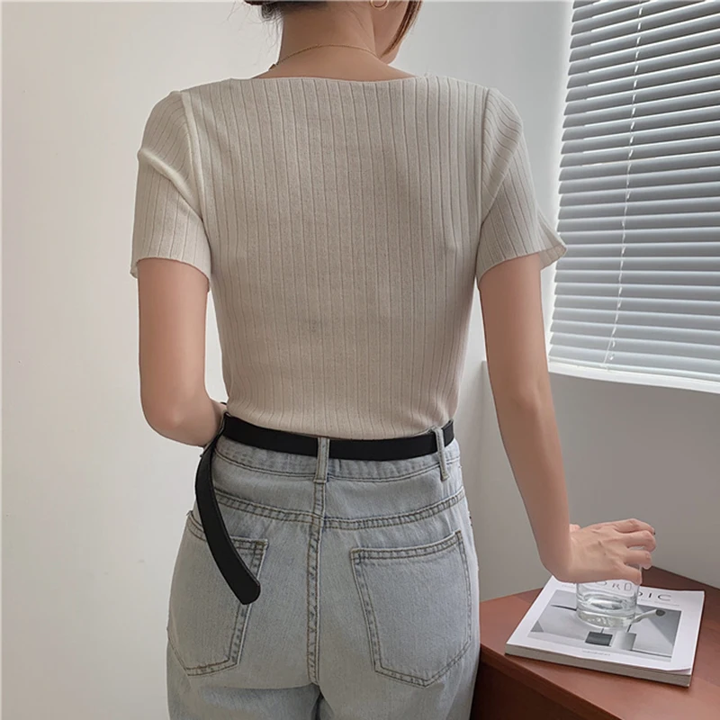 AOSSVIAO 2024 Korean Sweater Women Knitted Sweaters for Women Short Sleeve Basic White Sweater Summer Knit Pullover Sweaters