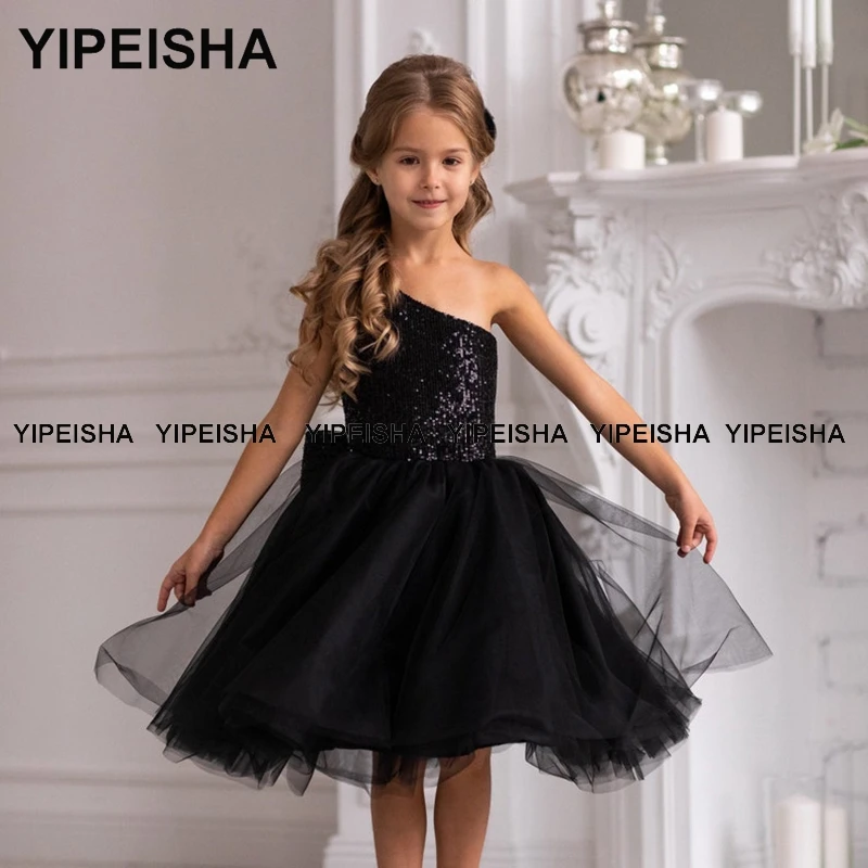 Yipeisha One-shoulder Black Sequin Flower Girl Dress Infant Kids Christmas Party Gown Knee-length Prom Gown For Baby Girl