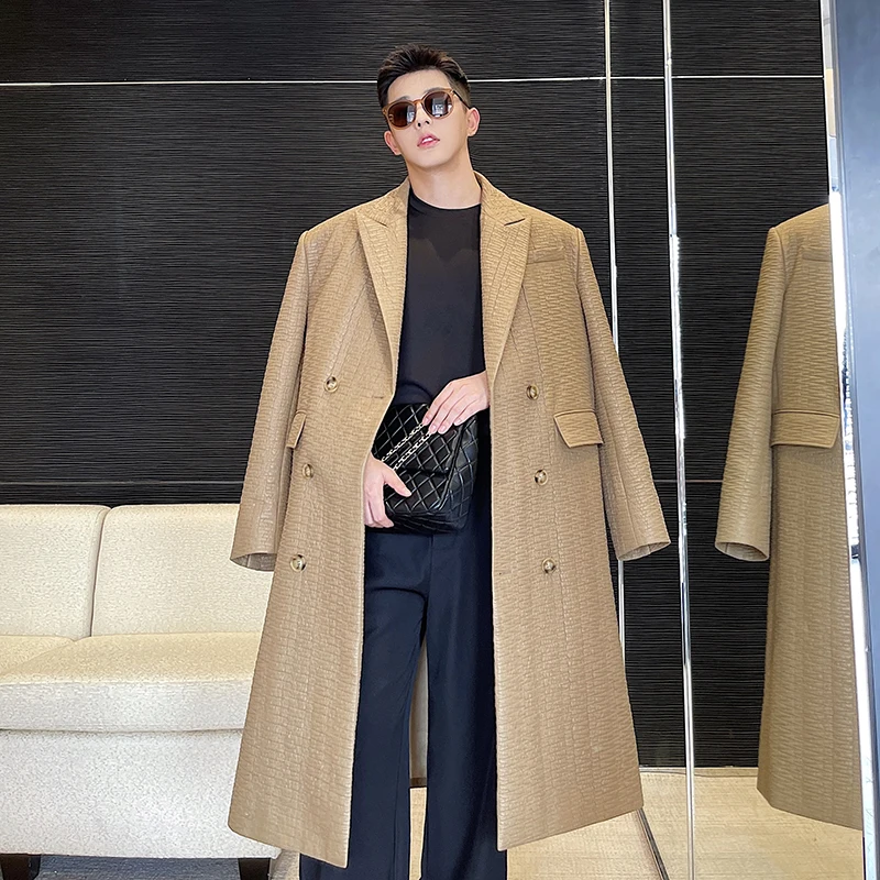 

2021 autumn/winter new men's mid-length over-the-knee fur coat trend men's youth loose look thin double-breasted coat