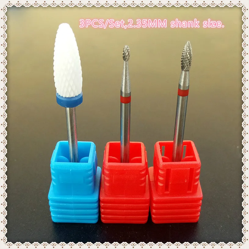 3pcs/set  M,F,Fsize Ceramic Nail Drill Bit Pedicure Machine Remove Foot Calluses Flame Bit Tools 3/32