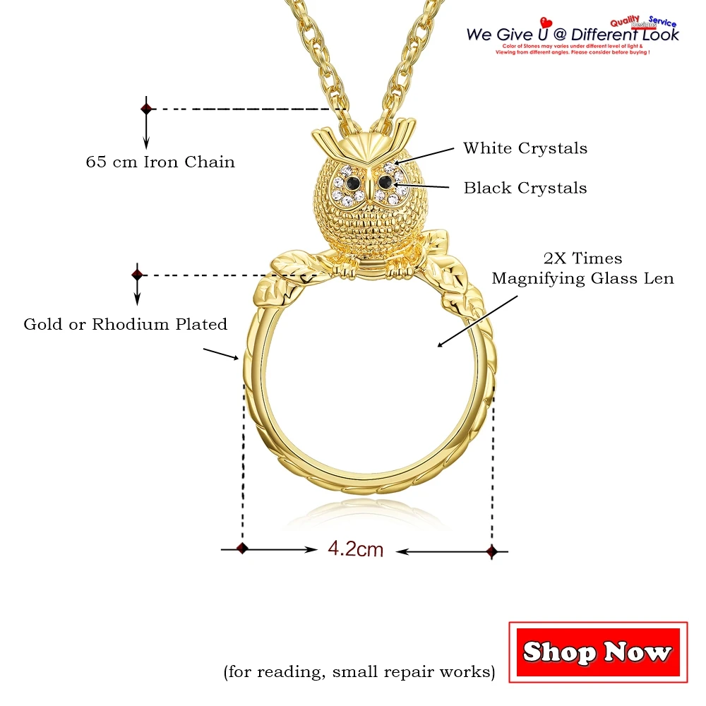 DreamCarnival1989 Women Sweater Necklace 40mm Big Glass Len Magnifying for Reading 65cm Long Chain Cute Owl Jewelry Gift P-0018