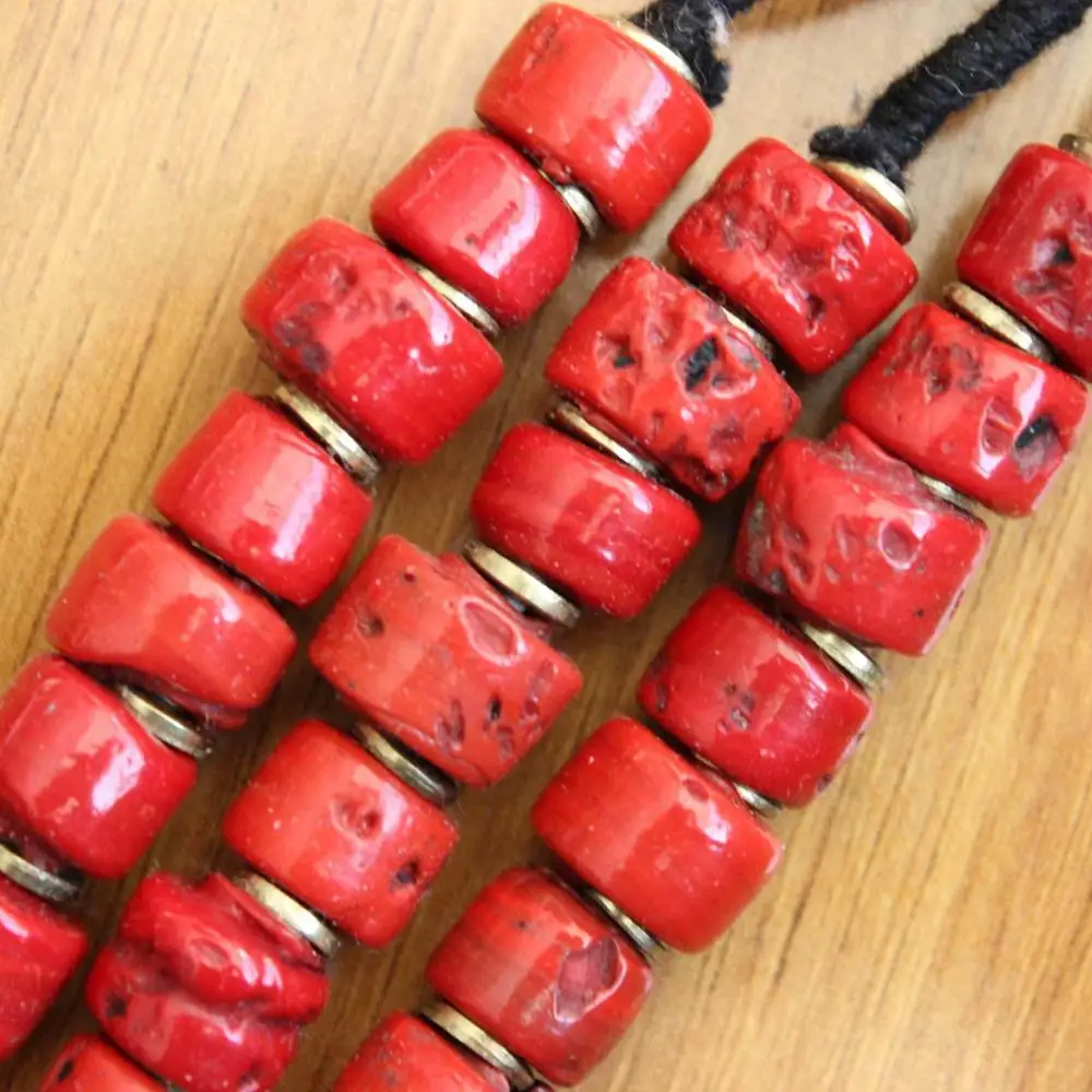 NK223 Ethnic Tibetan Red Lampwork Glass Beaded Necklace Handmade Nepal 3 Rows Women Necklace