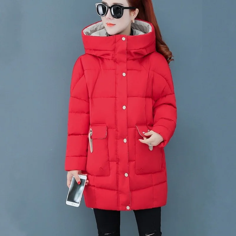 Winter Women Loose Fit Long Parka Hoody Thick Warm Filler Overcoat Outwear Coat Casual Mid Long Puffer Jacket Parkas Plus Size