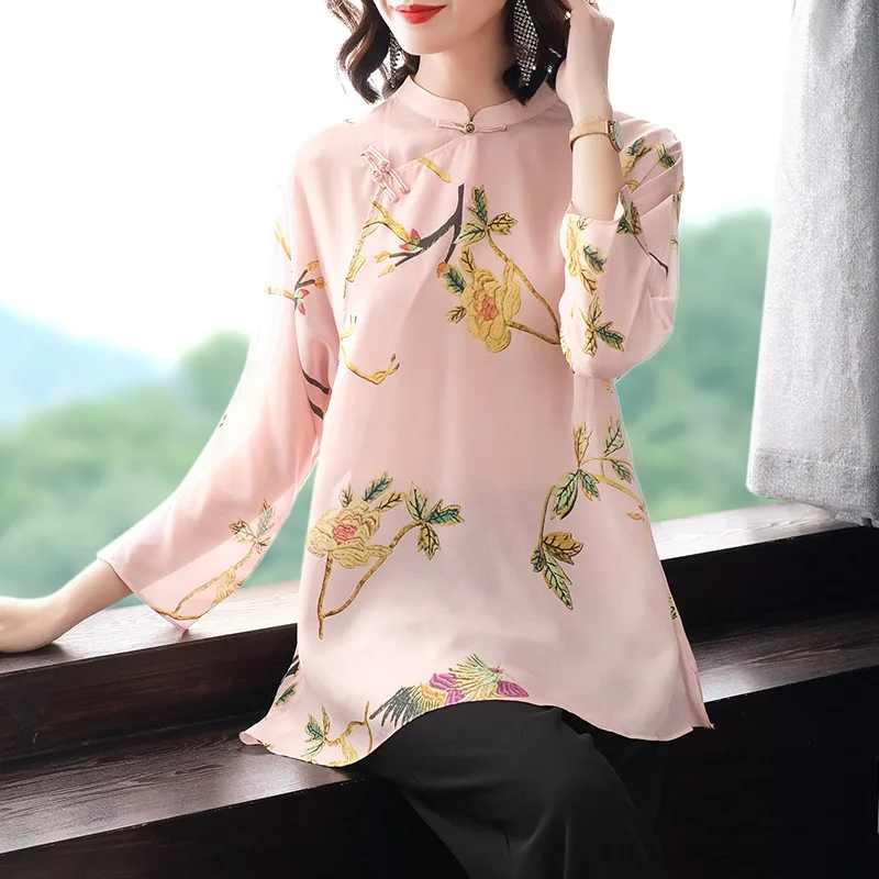 Real Silk Shirts Womens Tops and Blouses Long Sleeve Blouse Spring Autumn Korean Fashion Clothing Women Blusas P7562 YY2621