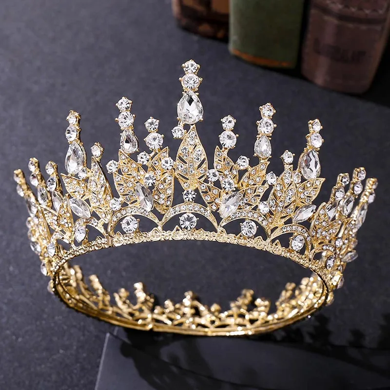 

Gold Color Metal Crystal Leaf Round Tiaras and Crowns de Noiva Headbands for Women Bride Wedding Hair Accessories FORSEVEN