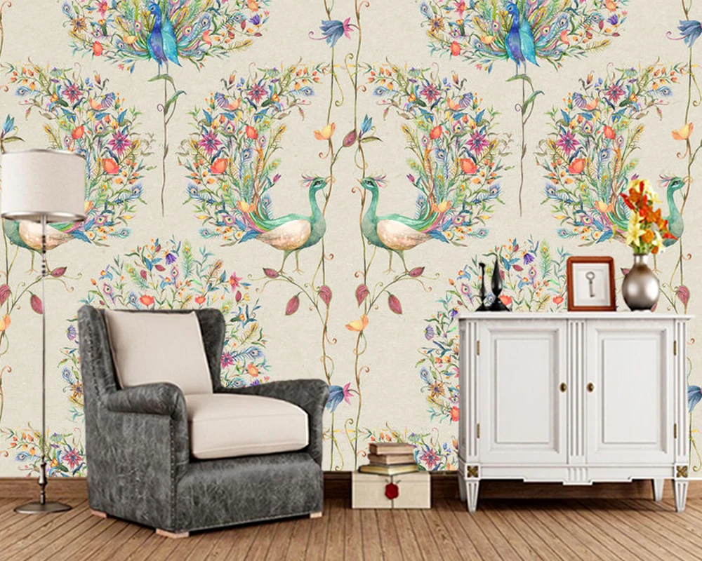 Papel de parede Watercolor peacock and flowers 3d wallpaper mural,living room tv wall bedroom wall papers home decor